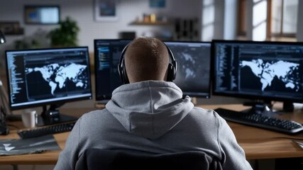 Man working computer: hacker skill, digital code, cyber threat, data breach, system access, keyboard typing, network intrusion, encrypted file, software crack, security flaw, cyber attack
