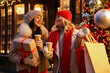 © New Africa - Happy friends with paper cups of coffee and Christmas gift near shop outdoors