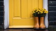 © Pinklife - A vibrant yellow door framed by charming rain boots filled with blooming flowers, representing a welcoming and cheerful entryway that invites positivity.