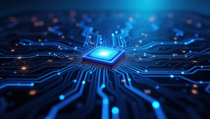 placa de circuito digital con vías de neón azul y microchips brillantes, concepto de fondo de tecnol