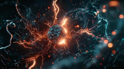 Aufkleber - A glowing neural network or synapse with electric sparks and energy flows in a dark, abstract digital space.