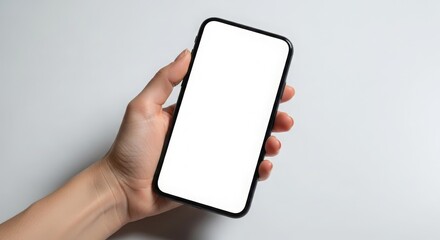 hand holding smartphone with blank white screen mobile app mockup, ui ux design template