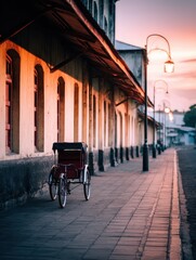Wall Mural - a solitary rickshaw parked along a quiet, historic street at sunset, with soft lamplight illuminatin