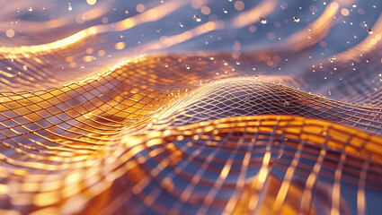 Abstract render of golden wavy mesh with sparkling water droplets and bokeh effects