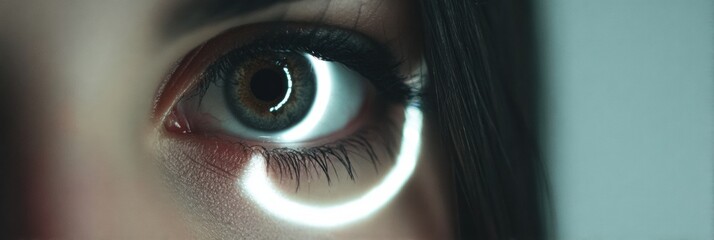 Poster - Glowing Ring Light Reflected in a Photographers Eye With a Clean Visual Space Above for Artistic Effect