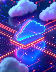 floating ai chip connected to cloud symbols with glowing neon lines. minimalist isometric design rep