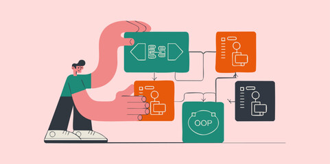 developer arranging connected programming blocks vector illustration, the concept of visual programm
