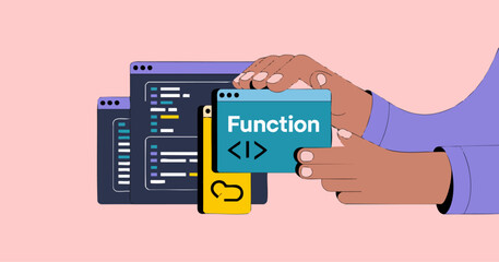 hands holding function code block vector illustration, the concept of software development and coding support
