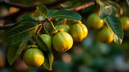 Ripe green fruits hanging on a tree branch in sunlight