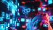 © G Design  - A young woman immersed in a vibrant virtual world, wearing neon glasses and headphones, surrounded by glowing digital icons