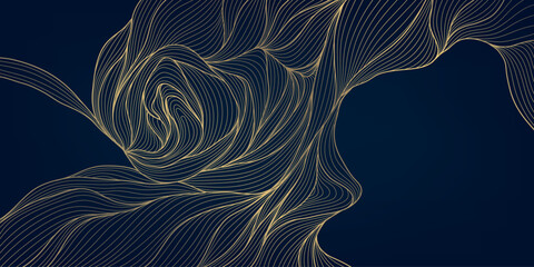 Aufkleber - Vector golden wave abstract japanese background, line luxury leaves premium pattern. Dark ornament with clouds, flow cover template.