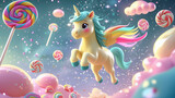 Whimsical illustration of a playful unicorn amidst a magical candy land of sweets