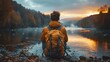 © Pinklife - A lone hiker in a bright yellow jacket sits on a rock, gazing at a tranquil river as the sun sets behind the mountains, conveying peace and connection with nature.