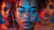 © Pinklife - A striking portrait of a young woman wearing stylish glasses, illuminated with colorful lighting that creates a captivating and artistic visual experience.