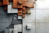 Abstract 3D composition of cracked and broken cubes on a tiled surface creates a contrast in textures and colors.
