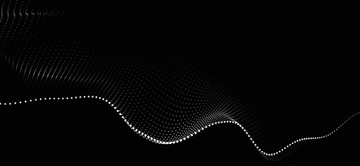 Wall Mural - Abstract background with dynamic black and white wave. Futuristic dotted wave of bright particles on dark background. Weave effect. Background for presentation design. Wide format 3D illustration.