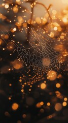 Wall Mural - A stunning close-up of a delicate spider web glistening in the evening light. The warm bokeh effect adds depth and intrigue to this natural masterpiece. Generative AI