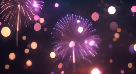 Wall Mural - shining fireworks display explosion with bokeh lights in night sky loop animation background birthda