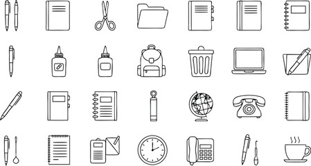 Simple hand drawn black and white line art office and school supplies icons collection