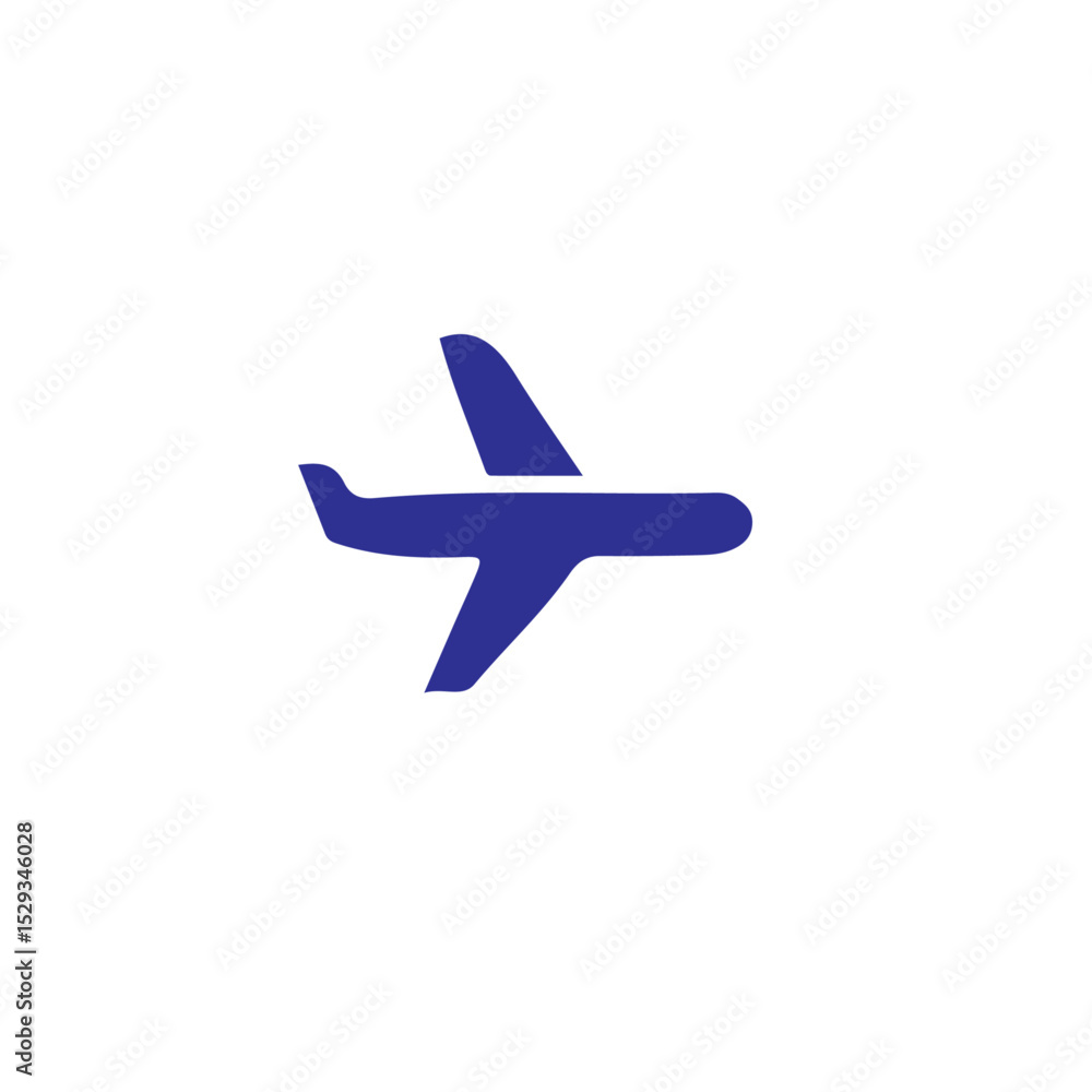 A simple blue airplane icon flying in the sky representing travel and transportation on white background
