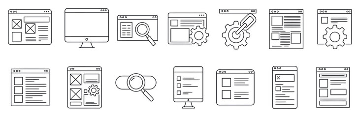 collection of line icons for website structure, user interface, navigation, settings, search bars, c