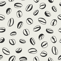 Hand drawn doodle seamless pattern of coffee beans. Outline illustration of falling beans in sketch style. Vintage linear design for poster, print, wrapping paper, menu, wallpaper