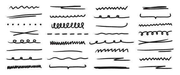 Poster - Hand drawn line brush doodle elements. Scribble pencil pen marker sketch vector texture. Handwritten grunge strokes, shapes and emphasis for design. Vector illustration.