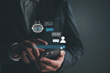 Aufkleber - AI chatbot concept with businessman using smartphone, symbolizing smart customer support, automated communication and artificial intelligence in mobile digital service platforms.