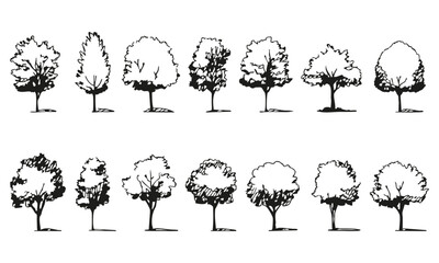 Wall Mural - black and white tree silhouettes collection. landscape design and architectural planning elements se