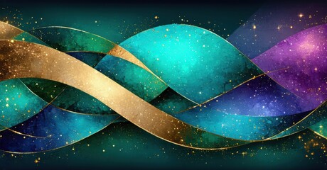 Leinwandbilder - Abstract waves, vibrant colors, golden accents. Galaxy textures create flowing, dynamic pattern. Dark background emphasizes luminosity.