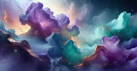 Poster - Abstract fluid shapes blend, creating vibrant colorful sky. Swirls suggest movement, energy, depth. Light reflects off surfaces.