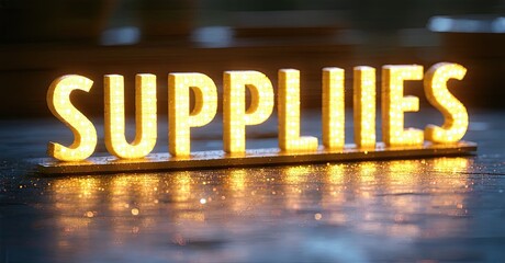 Poster - Bright illuminated SUPPLIES sign rests upon wooden surface. Warm light creates reflections, dark background enhances glow.