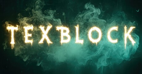 Aufkleber - Bright text TEXBLOCK glows against dark teal background. Smoke swirls around lettering, creating dramatic effect. Lighting emphasizes texture.