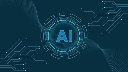 Wall Mural - modern ai background featuring a glowing circular tech interface and circuit lines on dark blue, per