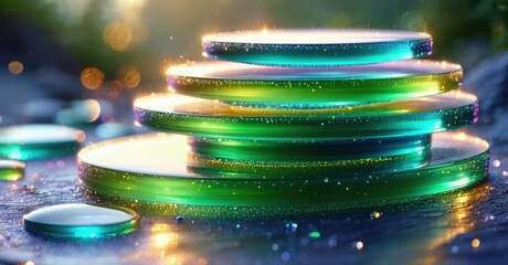 Aufkleber - Abstract platforms glow, layered presentation. Vibrant colors, sparkling effects create futuristic display. Dramatic lighting enhances visual impact.