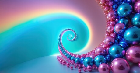 Poster - Vibrant spiral design. Colorful spheres form swirling pattern. Rainbow hues blend seamlessly, creating abstract visual experience.