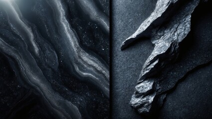 Poster - Dark and abstract stone textures with natural patterns. A blend of natural stone elements in a monochromatic tone with a contrast between light and dark. The textures vary from smooth to rough.
