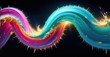 Leinwandbilder - Vibrant waves intertwine, glowing gold particles accentuating curves. Pink, turquoise hues create dynamic visual impact. Dark background emphasizes luminosity.