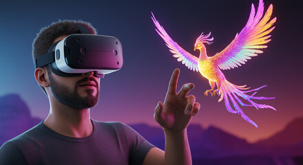 Man using vr headset interacting with digital phoenix