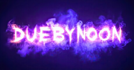 Aufkleber - Bright text reads DUEBYNOON with purple smoke effects. Dramatic lighting creates intense visual impact. Bold typography dominates dark background.