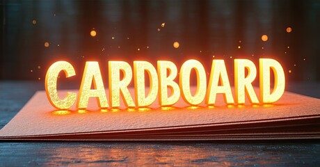 Poster - Bright cardboard text over stacked sheets. Warm lighting creates dramatic effect, emphasizing material texture. Simple composition.