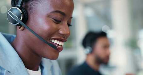 Aufkleber - Call center, woman and discussion in office with customer support, communication and online consultant. Coworking, headset and technical service help, crm or advice for assistance hotline or agency
