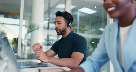 Aufkleber - Call center, man and discussion in office with customer support, communication and online consultant. Coworking, headset and technical service help, CRM or advice for assistance hotline or agency