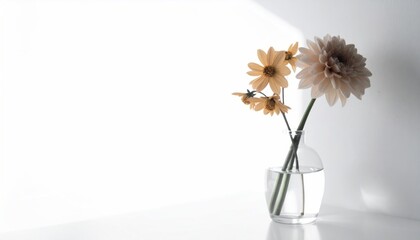 Wall Mural - Flowers in vase with sunlit wall background and copy space on white surface