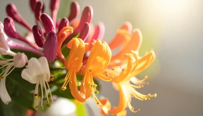 Wall Mural - Honeysuckle blossoms in shades of white, pink, and orange glow in soft sunlight