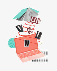 Surreal art collage. Letters burst out from laptop and spiral up toward open book in playful layout with ransom-style typography and red doodles. Concept of language, creativity, online learning.