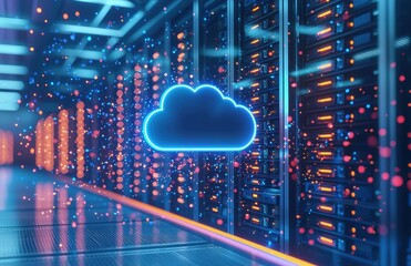 Aufkleber - Blue neon cloud icon floating among glowing data particles in a vibrant high-tech server room, representing cloud storage, digital infrastructure, or futuristic data communication systems