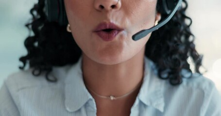 Aufkleber - Mouth, woman and talk with mic at call centre for assistance, customer service and feedback. Smile, female agent and chat with headset for telecom, consultation services and advice with crm support