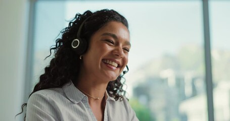 Aufkleber - Call center, contact us and business woman with customer service, multilingual support or laughing. Communication, smile and consultant talking with headset for language translation, help and joke