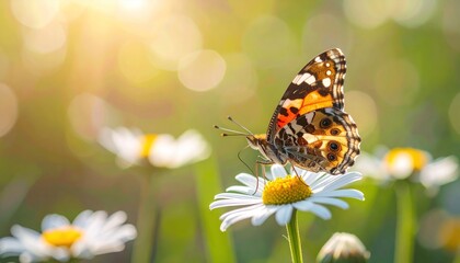 Wall Mural - Butterfly resting on daisy, wings open, backlit by golden light with bokeh over blurred green meadow